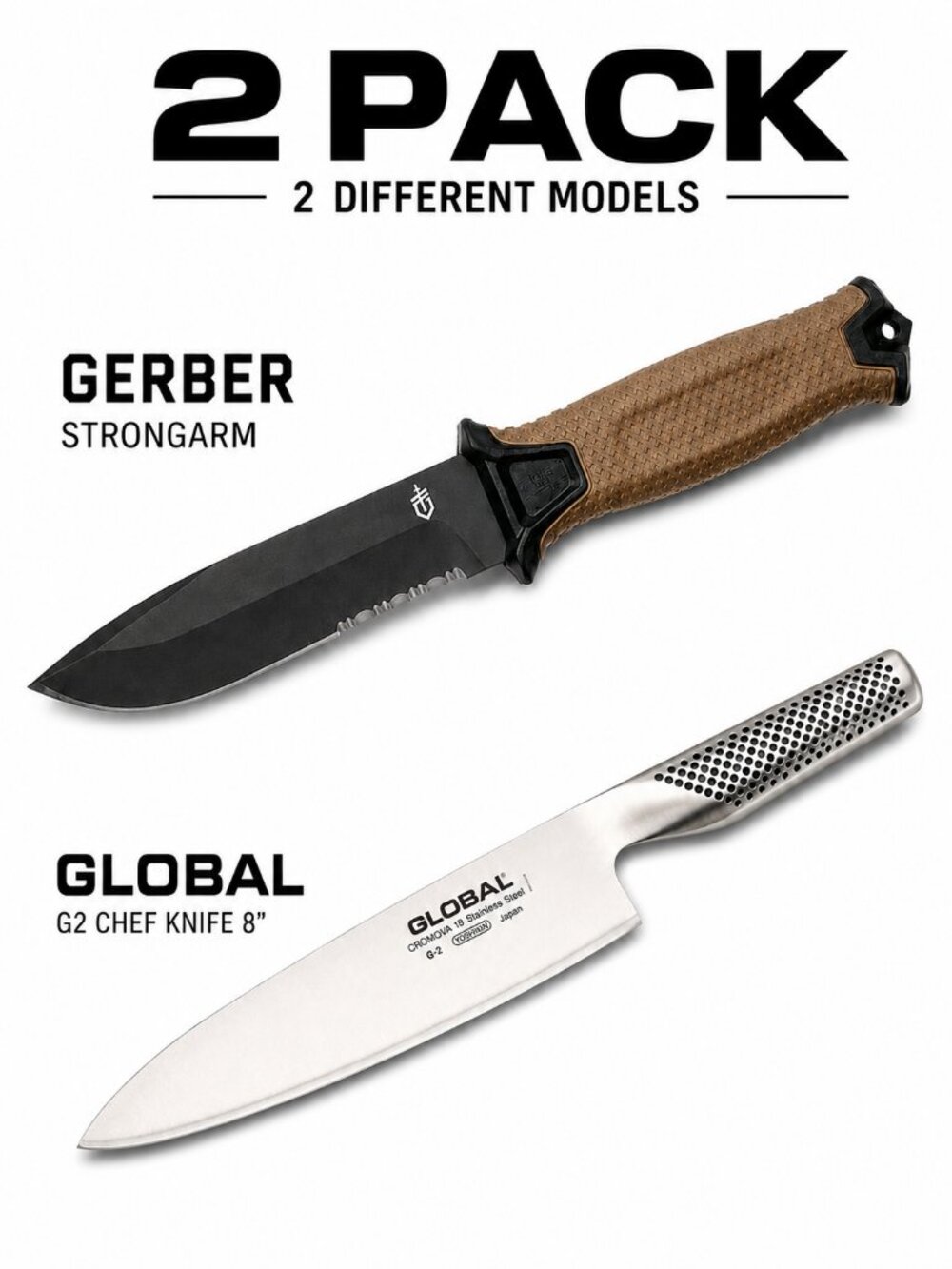 2-Pack Global G2 8" Chef Knife + Gerber StrongArm Coyote Brown Fixed Blade